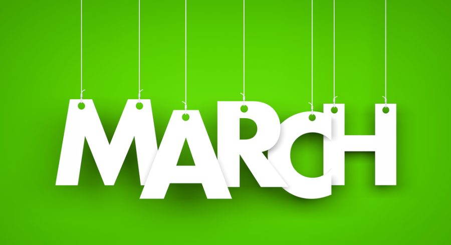 White word MARCH on green background. New year illustration. 3d illustration