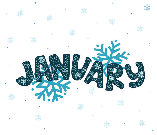 Winter month of January: blue cyan lettering text design with snowflakes and snow ornament - Handwritten vector illustration